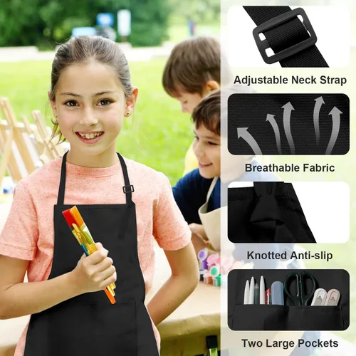 Miniatura 2 de 15 delantales para niños con bolsillos, delantales ajustables para pintura de chef, a granel para niñas y niños de 6 a 13 años, cocinar, hornear