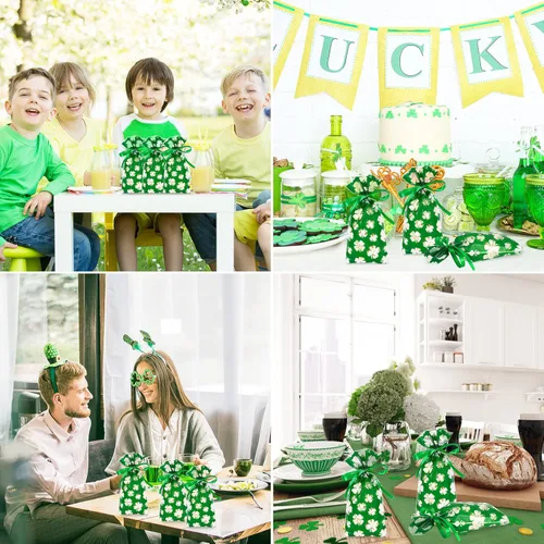 Miniatura 7 de Whaline 160 bolsas de celofán del día de San Patricio, trébol de trébol, caramelos, bolsas de celofán, bolsas de plástico con cinta verde