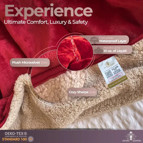 Miniatura 6 de Sacred Weapon Manta impermeable para cama – Manta doble de sherpa y forro polar – Manta impermeable para sofá absorbente, lavable y a prueba de Rojo