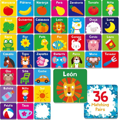Miniatura 12 de Hebayy Juego de 36 pares de animales a juego, 72 tarjetas didácticas en español, 36 diseños, tarjetas de memoria, juguetes educativos de aprendizaje