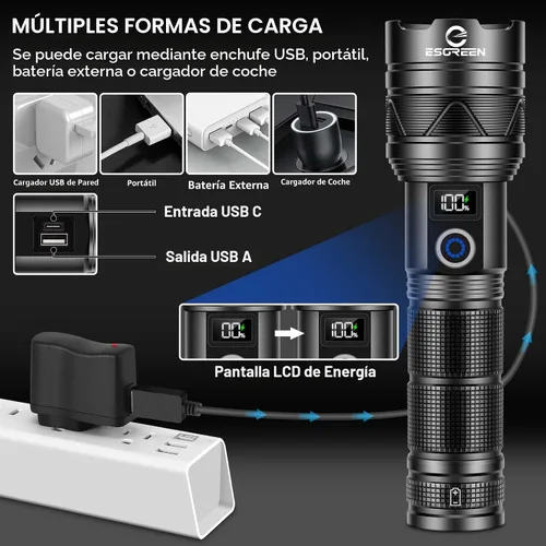 Miniatura 6 de Linternas recargables de 10000 lúmenes altos, largo alcance, 5000 pies, linterna LED súper brillante USB C, alta potencia, multifuncional
