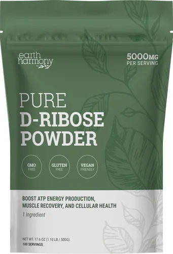 Earth Harmony D-Ribosa en polvo de 5000 mg – Ideal para el rendimiento del ejercicio, después del entrenamiento y la salud del corazón – Similar a