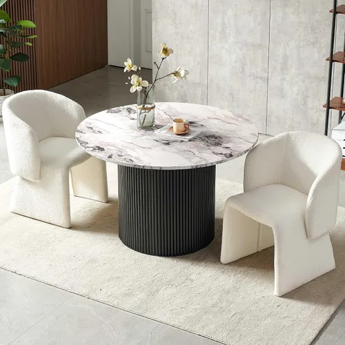 Miniatura 13 de Homedot Juego de mesa de comedor de 3 piezas para 2, mesa de cocina redonda de 47" y sillas de comedor tipo barril tapizadas en marrón, juego