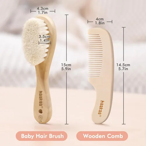 Miniatura 7 de haakaa Juego de cepillo y peine para el pelo del bebé para recién nacidos y niños pequeños, cerdas de lana suave natural y mango de madera, arregla
