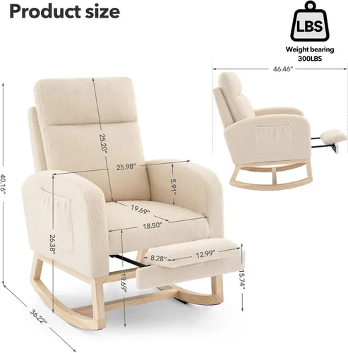 Miniatura 2 de Mecedora con reposapiés, sillón reclinable con respaldo alto, patas de madera y bolsillo lateral para sala de estar, dormitorio, color beige