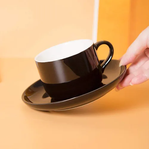 Miniatura 4 de Juego de 6 tazas de capuchino de 8 onzas, tazas de té con platillos y cucharas, tazas de té de cerámica negra, tazas de café para té, capuchino