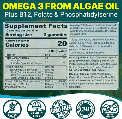 Miniatura 2 de Gomitas veganas Omega-3 para adultos, aceite de pescado alternativo al aceite de algas, DHA a base de plantas de 460 mg y EPA 230 mg más