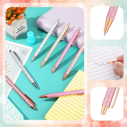 Miniatura 6 de Leinuosen - 20 bolígrafos con purpurina, cómodos bolígrafos de metal retráctiles de tinta negra con punta media para suministros de oficina Plateado
