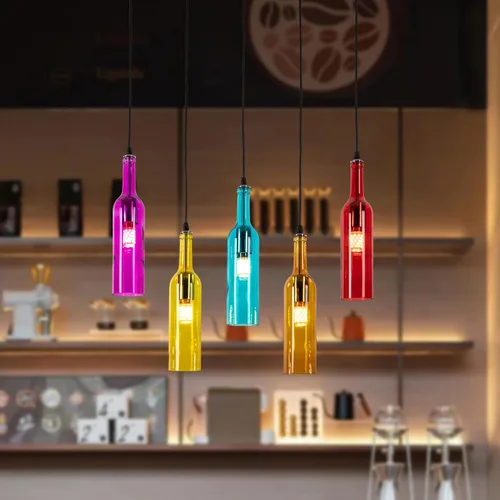 Miniatura 6 de Lámpara de techo industrial retro creativa con 5 luces para botella de vidrio, iluminación colgante de botella de vino de colores para cafetería