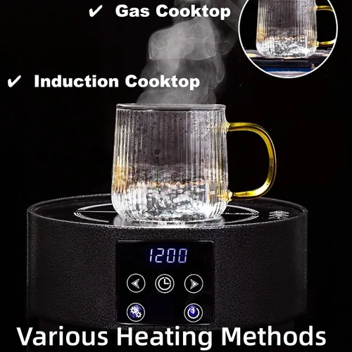Miniatura 7 de GLASKEY Juego de 2 tazas de café de vidrio de borosilicato, tazas de café de vidrio de 12 onzas con patrón de rayas verticales, taza de té