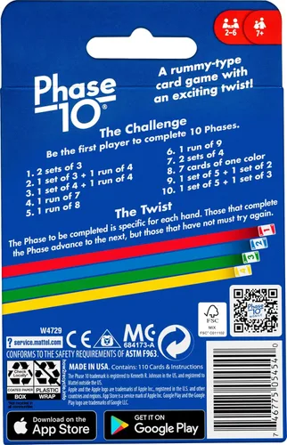 Miniatura 6 de Mattel Games Juego de cartas Phase 10 con baraja accesible para daltónicos en lata de almacenamiento y viaje para niños, adultos y familias