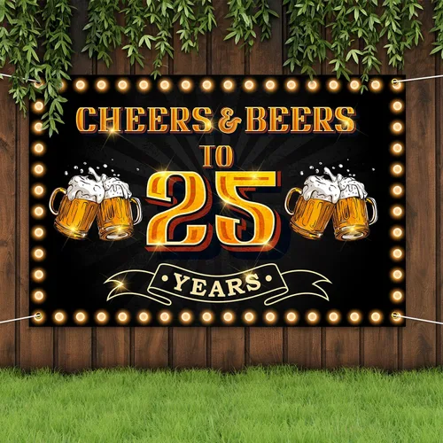 Miniatura 5 de Pancarta de texto «Cheers and Beers to 25 years Happy 25th Birthday» para hombres y mujeres, fotografía, cumpleaños, aniversario, fiesta