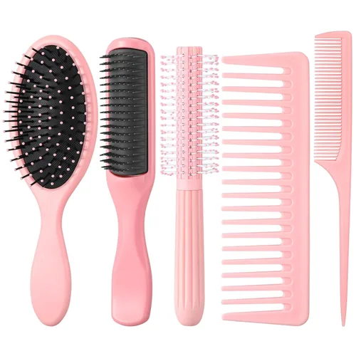 Miniatura 10 de Juego de 5 cepillos para el cabello para mujer, peine desenredante, cepillo para hombres y mujeres, cabello húmedo, seco, rizado y liso