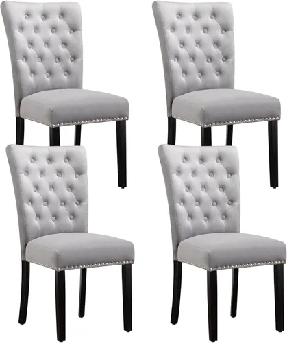 Miniatura 9 de Juego de 4 sillas de comedor de cocina de terciopelo, silla de comedor tapizada Parsons, silla decorativa de madera con ribete clavado, azul