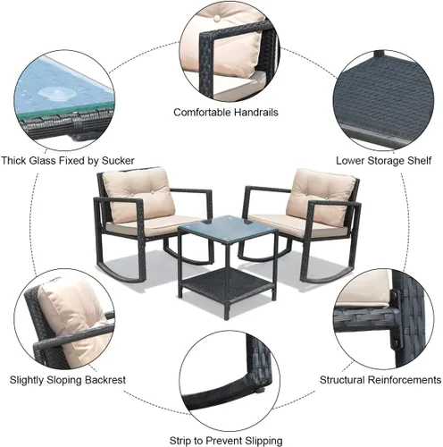 Miniatura 5 de Tangkula Juego de 3 mecedoras de mimbre para patio, mecedoras al aire libre y mesa con cojines, mesa de centro de cristal con estante de Beige