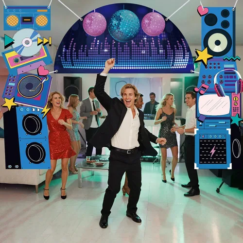 Miniatura 2 de Telón de fondo de discoteca para decoración de fiesta de cumpleaños, regreso a los años 80, 90, retro, para porche, radio, boombox, cabina de fotos