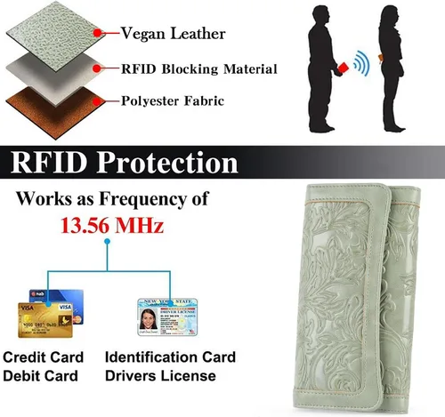 Miniatura 60 de MEITRUE Cartera de cuero para mujer, con bloqueo RFID, triple pliegue, con relieve, soporte para tarjetas, organizador de chequera para teléfono