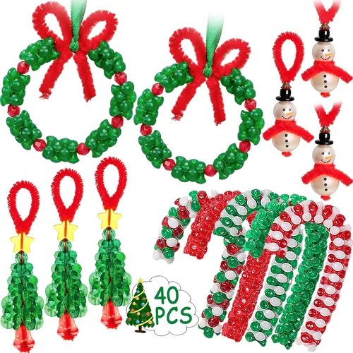 Manualidades de Navidad para niños, adultos y familias, kit de adornos con cuentas para hacer corona, bastón de caramelo, árbol de Navidad, muñeco