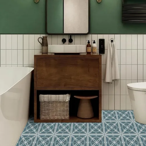 Miniatura 7 de HOMETITUTE 10 piezas 12x12 pulgadas Azul floral nórdico patrón de silueta azulejos de piso de despegar y pegar removibles autoadhesivos adhesivo
