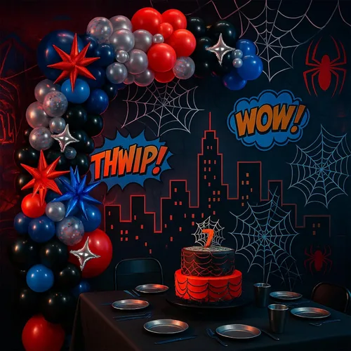 Miniatura 5 de Kit de arco de globos de araña de 147 piezas con globos de estrella, azul marino, rojo, negro, plateado, superhéroe, guirnalda temática de béisbol