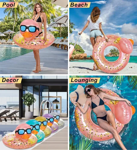 Miniatura 3 de POZA Flotador inflable de pato para piscina: vinilo resistente a los rayos UV, confeti de pato para piscina, flotador de piscina de animales, anillo