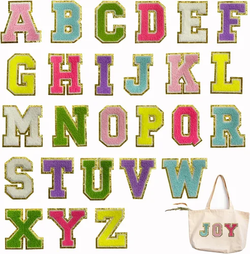 Miniatura 42 de 4 PCS Parches de Letras de Felpilla Negra, Letras Bordadas por Transferencia de Calor, Parches con Purpurina, Parches de Letras Universitarias