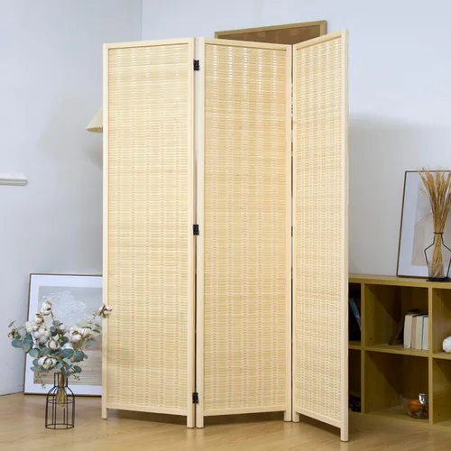 3 Panel Bamboo Room Divider for Home & Office, 5.6 ft Tall Folding Partition Wall in Natural Beige, Double-Sided Privacy Screen for Room Separation