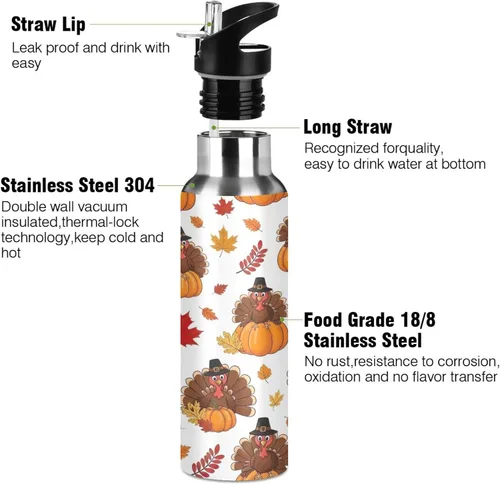 Miniatura 3 de BPA-Free Sport Water Bottle Insulated 20 Oz, Stainless Steel Vacuum Insulated Water Bottle for Gym Outdoor Travel School, Cartoon Turkeys Hats