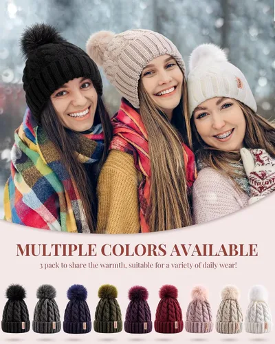 Miniatura 6 de 3 gorros para mujer con pompón, gorro de punto para mujer invierno y otoño, sombreros de invierno cálidos de moda para mujer