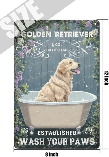 Miniatura 5 de Zomyto Letrero de lata con texto en inglés "Wash Your Paws Golden Retriever", decoración de baño, perro, bañera, bañera, estilo retro, decoración