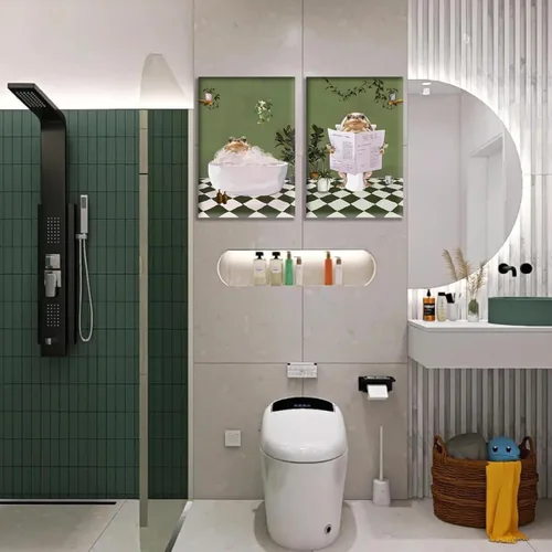 Miniatura 4 de 2 piezas de arte de pared de rana de baño, creatividad, estética, maximalista, verde, pósteres de imágenes de rana en la bañera, pintura en lienzo