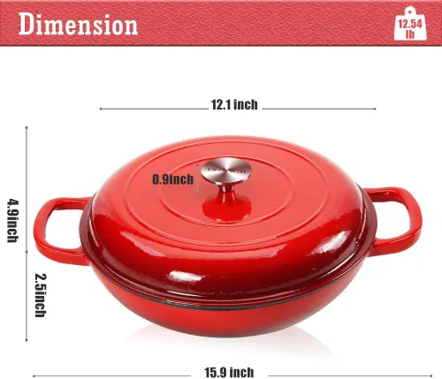 Miniatura 5 de Cacerola de hierro fundido COOKWIN, 3.8 QT, Sartén de hierro fundido con tapa y asas dobles, olla de superficie esmaltada de porcelana, Rojo