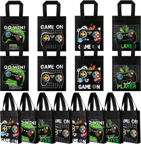Ferraycle Paquete de 24 bolsas de regalo con temática de videojuegos, recuerdos de fiesta de videojuegos, no tejidas, reutilizables, con asas