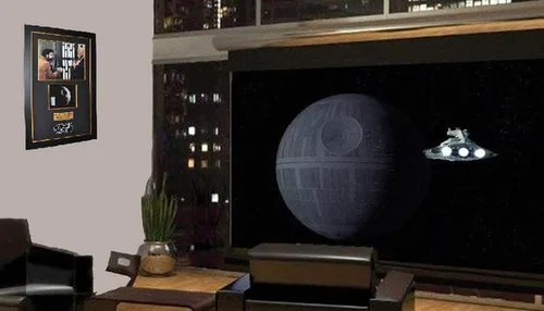 Miniatura 9 de Accesorio utilizado en pantalla MUERTE ESTRELLA, firmado por GEORGE LUCAS, primera película IV, COA London Prop Store, Marco DVD UACC