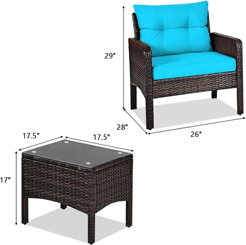 Miniatura 6 de KOTEK Juego de muebles de patio de 3 piezas, juego de muebles de mimbre para exteriores con 4 cojines, juego de muebles de ratán PE para todo tipo