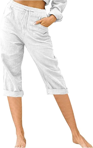 Stessotudo Capris para mujer, pantalones casuales de lino elásticos de cintura alta con bolsillos, pantalones anchos y recortados, pantalones