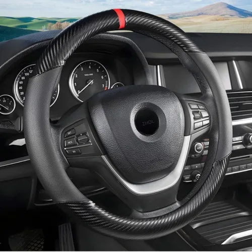 Miniatura 7 de ZHOL - Funda para volante de fibra de carbono, tamaño estándar universal de 37-38 cm, accesorios de moda y deporte para volante de coche para Negro