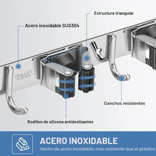 Miniatura 3 de IMILLET Paquete de 2 Soportes para Escobas y Fregonas con Montaje en Pared, Soporte para Escoba y Fregona de Acero Inoxidable, Autoadhesivo, Ganchos