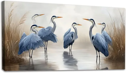 20"x 40" Canvas Wall Art Blue Heron Sea Bird Wild Bird Coastal Birds Vintage Heron Herons Blue Framed Pictures Painting Prints Large Wall Art for