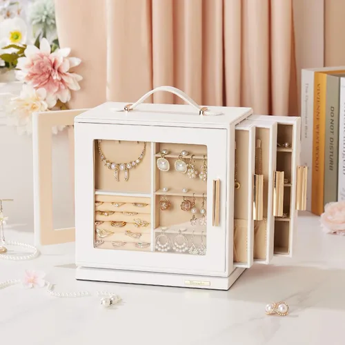 Miniatura 9 de Homde Joyero de regalo de Navidad con rotación de 360, organizador de aretes y collar con ventana transparente, espejo, 7 cajones, estuche