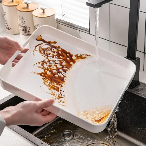 Miniatura 5 de Bandeja de plástico para servir con asas rectangular en color blanco de 12.99 x 10.24 pulgadas, bandeja de desayuno reutilizable, para alimentos