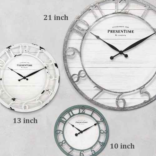 Miniatura 6 de Presentime & Co - Reloj de pared de la serie Farmhouse de 21 pulgadas, estilo Shiplap, número arábigo 3D elevado, acabado galvanizado. Decoración
