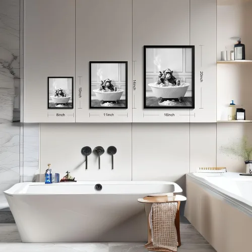 Miniatura 4 de Arte de pared enmarcado para decoración de baño, chimpancé en la bañera, arte de pared en blanco y negro, divertidos letreros de decoración de pared