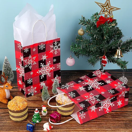 Miniatura 4 de Paquete de 32 bolsas de regalo de fiesta de copo de nieve de Navidad, bolsas de regalo a cuadros rojos y negros con tejido blanco, bolsa de papel