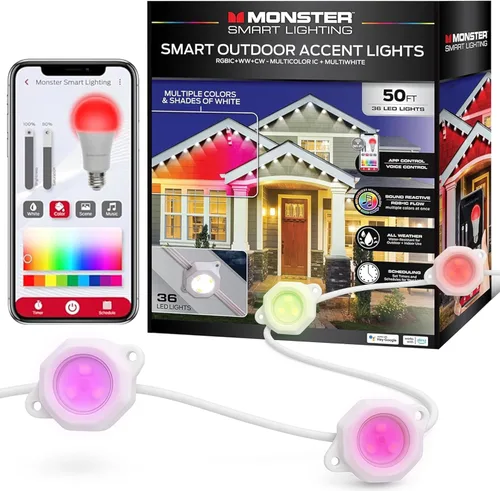 Luces exteriores permanentes inteligentes Monster, 50 pies, 36 luces LED para aleros, RGB+IC+WW, resistentes al clima y al agua, control por