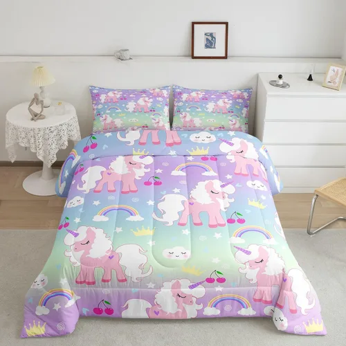 Miniatura 21 de Feelyou Juego de ropa de cama de unicornio para niñas, bonito edredón con purpurina de unicornio de dibujos animados arco iris para niños, juego