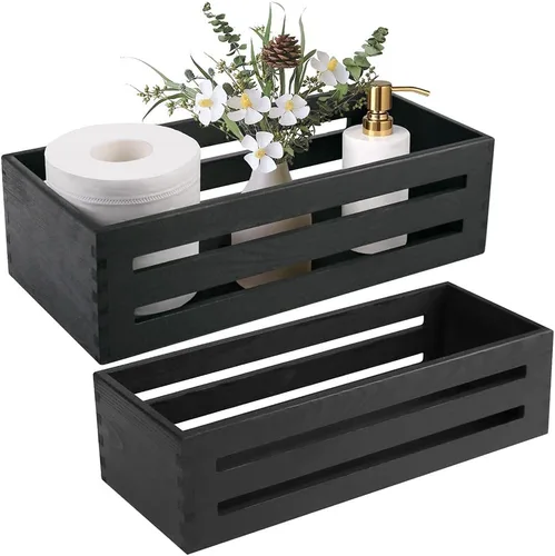 LotFancy Caja de decoración de baño, paquete de 2 soportes de madera para papel higiénico, cesta negra para tanque de inodoro, cesta de Negro