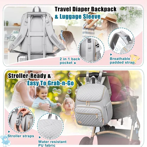 Miniatura 6 de Weitars Mochila para pañales grande con cambiador, mochila para pañales de viaje, bolsa de bebé para niños y niñas, correas de cochecito, 5 Gris