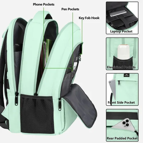 Miniatura 5 de MATEIN Mochila para laptop de 15.6 pulgadas con puerto de carga USB, mochila de viaje delgada y ligera resistente al agua para mujer Verde