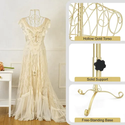 Miniatura 3 de Maniquí con forma de vestido y torso con soporte de metal, maniquí femenino con altura ajustable para exhibición de ropa, dorado